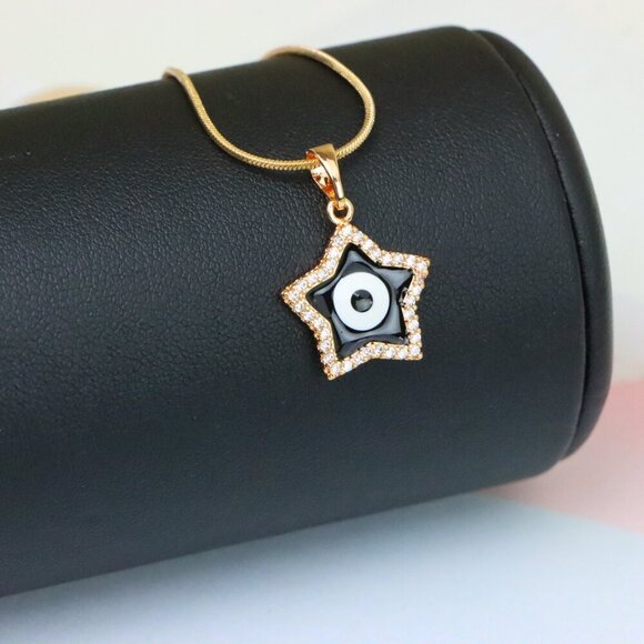 "Rose Gold Star Pendant with Black Evil Eye and CZ Accents, XPPT1380 - Picture 3 of 12